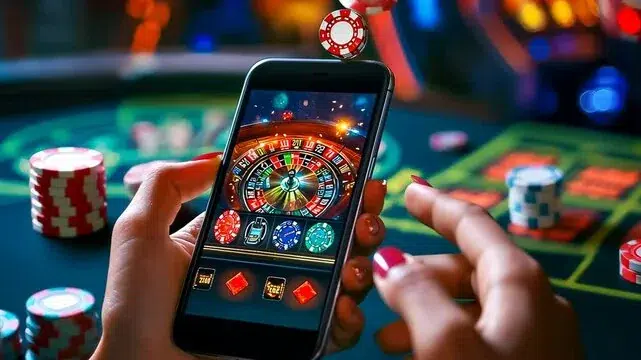 Mani con smartphone e roulette sopra un tavolo verde